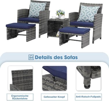 Комплект меблів для балкона з 5 предметів OC Orange-Casual, плетений PE-ротанг, 2 садових крісла з приставним столиком і пуфом, подушки в комплекті, набір бістро для саду, балкона, тераси, внутрішніх приміщень
