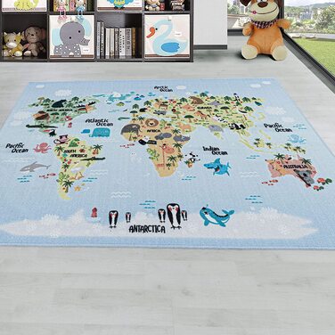 Домашній дитячий килим з коротким ворсом карта світу дизайн тварин дитяча дитяча ігрова кімната висота ворсу 8 мм прямокутна готова м'яка миється форма для хлопчиків і дівчаток білий, колір розмір (140x200 см, синій)