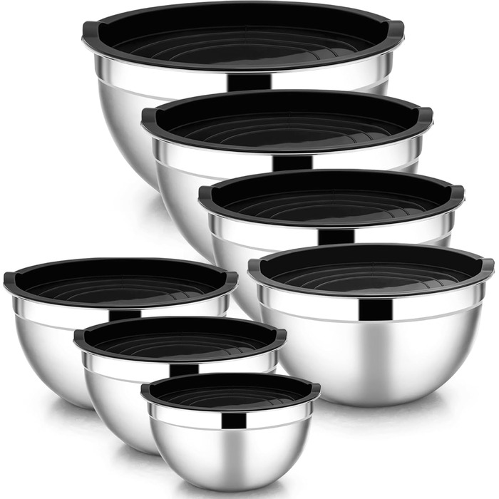 Набір місок HaWare 7 шт. з нержавіючої сталі з кришкою, 6.5-0.7L, чорний, для приготування їжі, миття в посудомийній машині