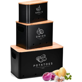 Набір контейнерів для зберігання картоплі, цибулі та часнику (3 шт.), бамбуковий кришка, чорний колір