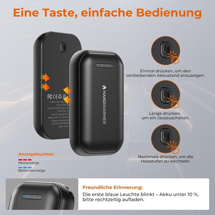 Електричні грілки для рук 2-в-1 з магнітом - 6000 mAh, USB, з брелоком, 3 режими нагріву до 55°C, ультралегкі та тонкі, для кемпінгу