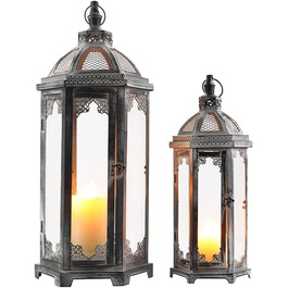 Ліхтар для свічок, Підвісний світильник для вітру висотою 63 і 46 см, Вінтажний, чорний, в стилі вежі, скляні металеві ліхтарі, 2 свічника в стилі ретро, G