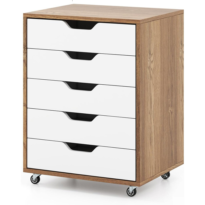 Роликовий контейнер GOPLUS з шухлядами, мобільний офісний шафка, білий/натуральний, 48 x 39,5 x 65,5 см