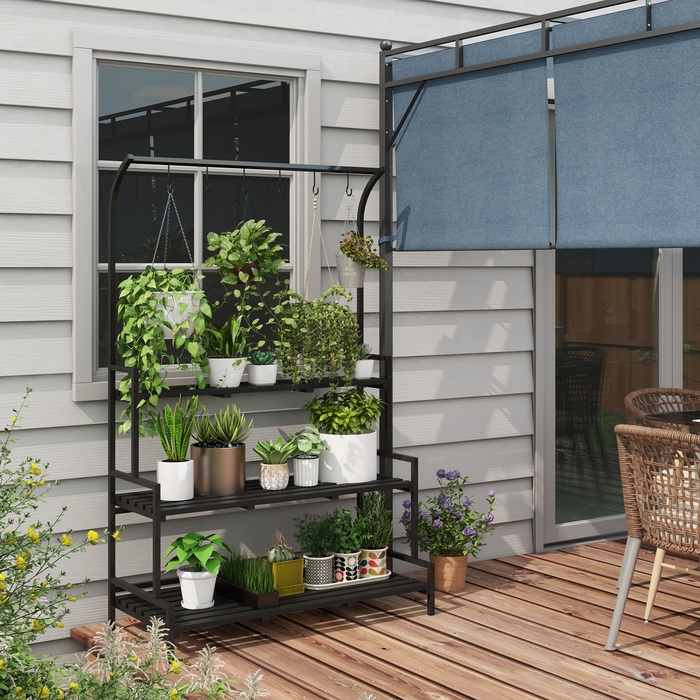 Outsunny Plant Stand Підставка для квітів з 3 ярусами та 6 гачками, сталеві сходи для рослин у чорному кольорі, 110x50x170см для саду та балкона