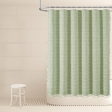 Завіса для душу Sage Green - Фармхаус Boho Modern з льону для ванної кімнати, Вінтажна Country, важка, з бахромою, Chic Bohemian, 48x72 см (1 шт.)