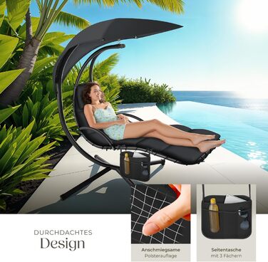 Тектайк® Гамак з каркасом, гамак-шезлонг, гамак-гойдалка з сонцезахистом, гамак-крісло з сумкою, подушкою для голови, для саду, тераси та балкону - (Чорний)