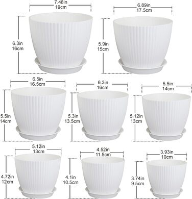 Набір горщиків для квітів Blumentopf (8 шт.) з підставками, різні розміри (10-19 см), пластик, білий. Ідеально для дому та балкона.