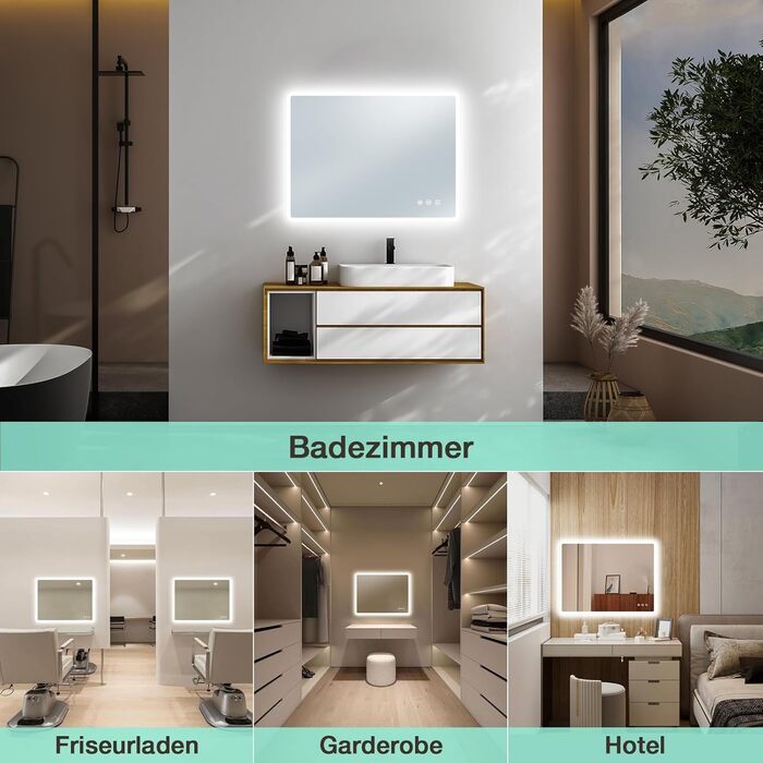 Дзеркало для ванної кімнати GIMBELEN LED з підсвічуванням 80x60 см, прямокутне, сенсорне керування, регулювання яскравості, 3 кольори світла, антизапарник, вертикальна/горизонтальна установка