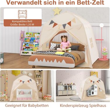 Дитяче намет-ліжко DREAMADE 2 в 1 з гірляндою та прапором, ігровий намет для дитячої кімнати, ігровий будиночок для дітей від 3 років (Бежевий)