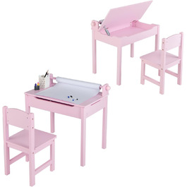 Дитячий стіл зі стільцем COSTWAY, набір дитячих столів з відкидною стільницею, тримач для рулону паперу, учнівський стіл для дітей від 3-х років, чорнило. Рулон паперу та маркери (рожевий)