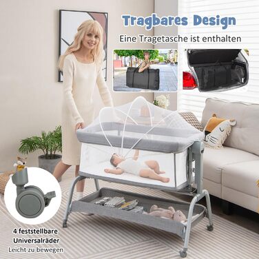 Дитяче ліжко COSTWAY 4-в-1 з москітною сіткою, колір сірий. Ліжко-гойдалка, манеж, колиска та туристичне ліжко з регульованою висотою та сумкою для перенесення. Підходить для малюків до 6 місяців.