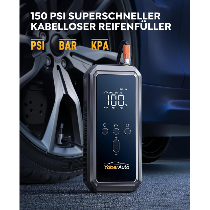 Портативний пусковий пристрій YaberAuto YA70 з компресором 150 PSI, Powerbank 21800mAh, ліхтарик 300 Lumen, LCD екран