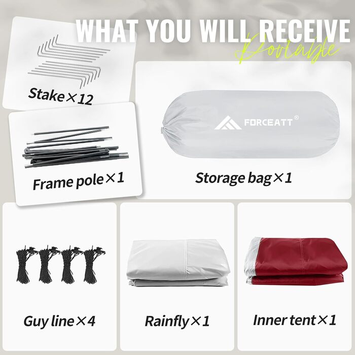 Намет кемпінговий Forceatt 2-3 особи, водонепроникний, вітростійкий, 3-4 сезони, червоний