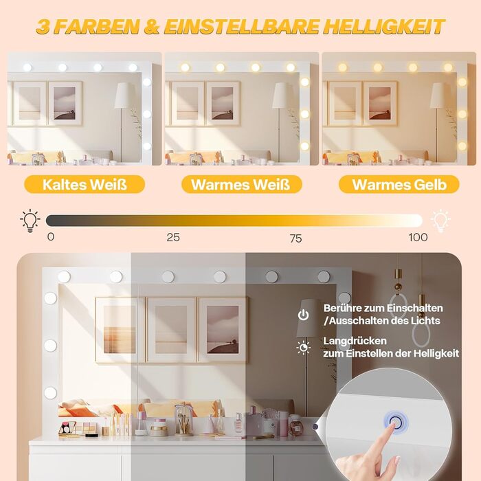 Дзеркальний туалетний столик Airfish з LED-підсвіткою та великим дзеркалом, 120x40x140 см. Туалетний столик з шухлядами та косметичним ящиком для спальні, білий