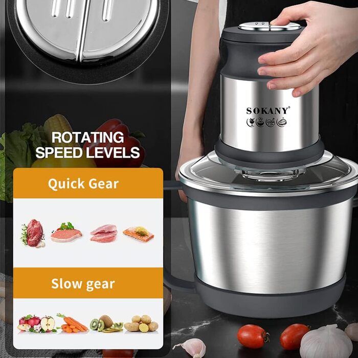 М'ясорубка-подрібнювач електричний SOKANY SK-7027 800W з чашею 3л з нержавіючої сталі, 2 швидкості, для м'яса, овочів, фруктів