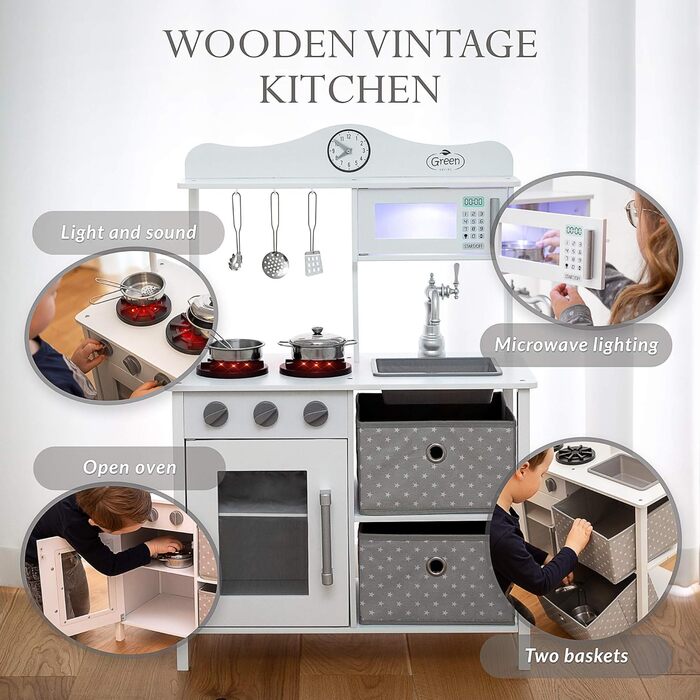Дерев'яна дитяча кухня Kinderplay з LED та звуками приготування їжі, регульована висота 92–107 см, ігровий набір для дітей від 3 років, повний комплект з аксесуарами, світло-сірий колір (Vintage - White)