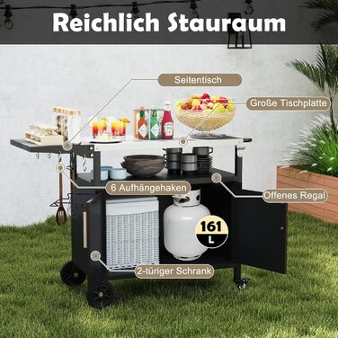 Grillwagen COSTWAY Outdoor: гриль-стіл з нержавіючою сталлю, відкидним бічним столиком, шафкою, 6 гачками та ручкою, до 100 кг, металевий столик для кемпінгу, пікніків, вечірок на відкритому повітрі, 127 x 50 x 84 см