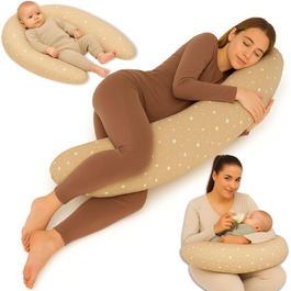 Подушка для вагітних Totsy Baby Stillkissen XXL 190 см - подушка для годування, боку, тіла, з бавовни, Oeko-Tex, бежево-біла зі зірками