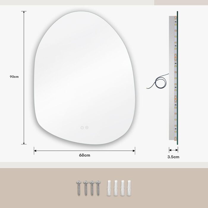 Дзеркало для ванної кімнати Dripex LED з підсвічуванням, сенсорне керування, регулювання яскравості, 3 кольори світла, без запотівання, 85x52 см