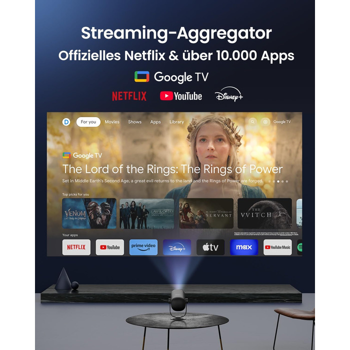 Портативний проєктор Dangbei Freedo з акумулятором, 450 ISO люмен, Google TV & Netflix, Dolby Audio, 1080P, HDR10, 165° нахил, Smart проєктор з WiFi & Bluetooth для дому та відпочинку на природі, 2,5 години роботи, з чохлом