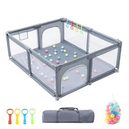 Дитячий манеж GLOKID 150 x 180 см з м'якими захисними елементами та сіткою, з м'ячиками та кільцями для малюків