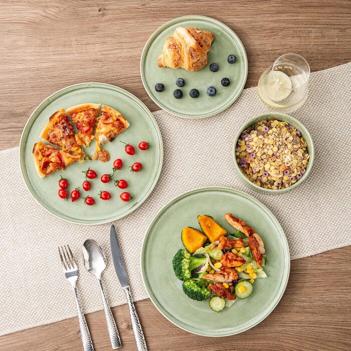 Сервіз GBHOME 12 шт. з реактивною глазур'ю: тарілки та миски, чорно-оливковий, стійкий до сколів, для посудомийної машини та мікрохвильовки