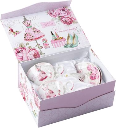 Набір чашок та блюдець London Boutique, Шabby Chic, вінтажний дизайн, порцеляна з квітковим візерунком, 2 комплекти в подарунковій коробці, кераміка (Роза)