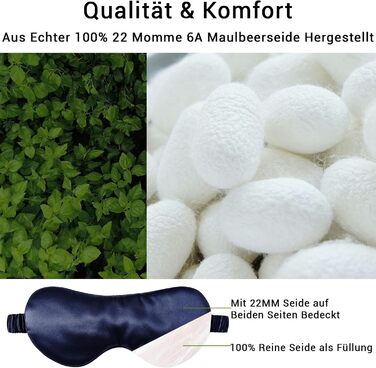 Сліпиця для сну з 100% натурального шовку морської кульбаби (22 momme), для сну, прохолоди, комфорту та повного затемнення. Шовкова стрічка, чиста шовкова наповнювач (Морська синя) - справжній 22 мм