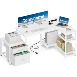 Комп'ютерний стіл Coleshome L-подібний з шухлядами, 140x80 см, з розеткою, білий