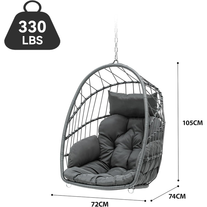 Крісло-гойдалка YITAHOME для дому та саду, сіре, з подушками, 150 кг, 105x74x72 см