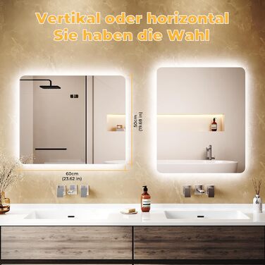 Дзеркало для ванної кімнати LOMIKEN з підсвічуванням, 60 x 50 x 3,5 см, LED, 6400K, холодний білий, енергозбереження, вертикальне/горизонтальне кріплення