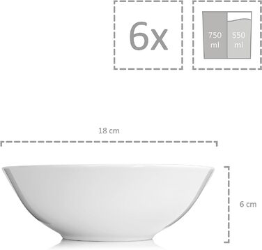Співачка Порцелянова миска, Миска для закусок із 6 предметів, Набір чаш 6 осіб, Можна мити в посудомийній машині, Рамен Боул, Боули, Смузі-боул, Суші-боул, Білий 550 мл 550 мл великий