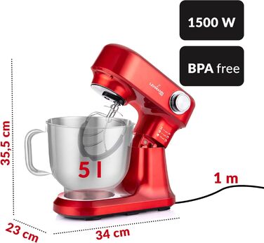 Кухонна машина Lehmann - планетарний міксер з набором аксесуарів - 3 насадки, кришка-розбризкувач, чаша 5л, 12 швидкостей, захист від перегріву, неслизька, червона