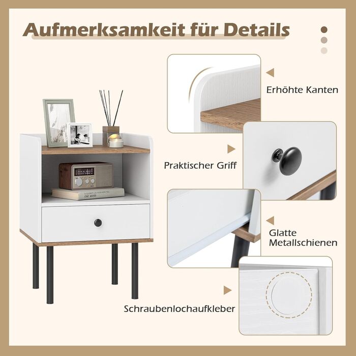 Набір приліжкових тумбочок COSTWAY з шухлядою та відкритою полицею, на ніч, для спальні, вітальні, 40,5 x 35 x 56 см, (2 шт., білий)