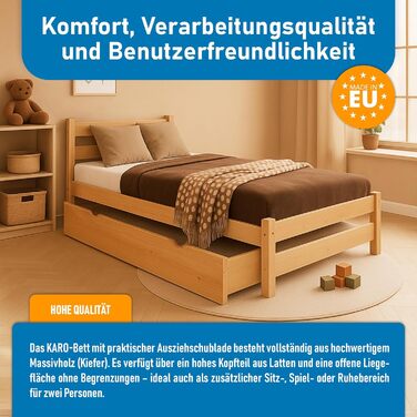 Ліжко дитяче Вробель Kinderbett 90x200 см з 2 ящиками та ламелями - односпальне ліжко з масиву сосни - ліжко Монтессорі для дітей - ліжко-ліжко для підлітків білого кольору - без матрацу