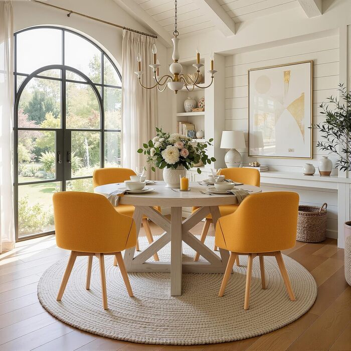 Обідальні стільці Bekrvio (2 шт) з обертанням та підлокітниками – 360° для їдальні, стільці до обіднього столу, обертаються, з м'яким сидінням, з дерев'яними ніжками з масиву бука, жовті, з тканини льон