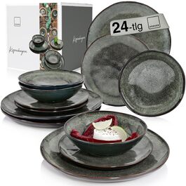 Набір посуду SÄNGER Teller Set Kopenhagen 24 шт. з кераміки для 8 осіб, сервіз включає тарілки для їжі, сніданку та супу, набір тарілок для обіду, стійкий до миття в посудомийній машині, зелений, сірий | PREMIUM COLLECTION 24 шт.