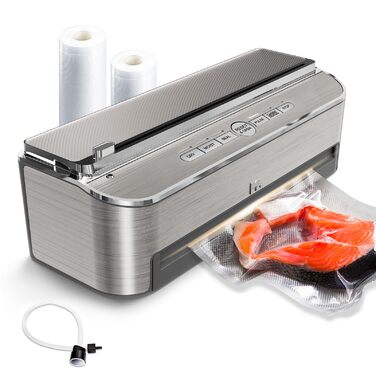 Вакууматор Mesliese 85kPa 120W для продуктів, автоматична машина для вакуумної упаковки з вбудованим різаком та відсіком для пакетів, сріблястий (2 рулони в комплекті)