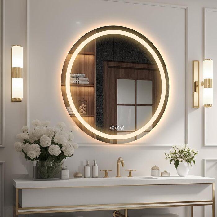 Дзеркало для ванної кімнати з підсвічуванням, 60 см, кругле, з антизапарюванням, регульоване, 3 кольори світла (70x70 см)