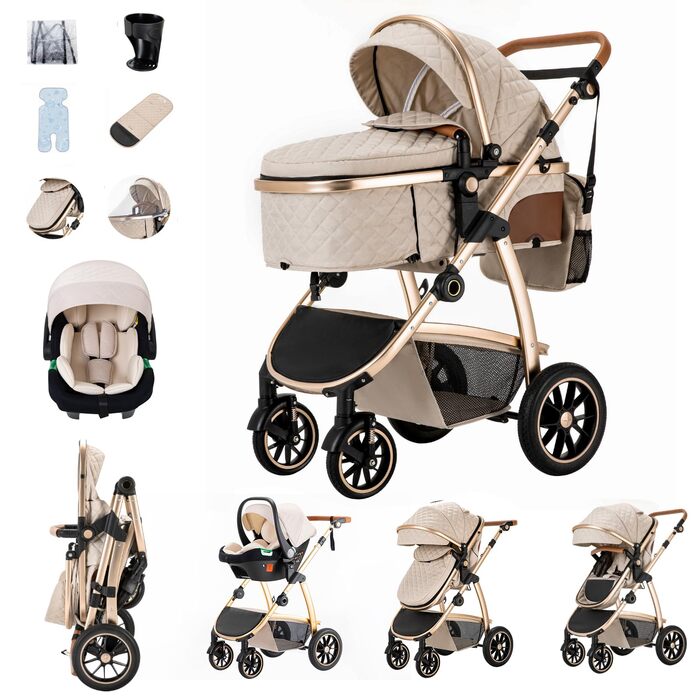 Дитяча коляска 3 в 1, система подорожей з автокріслом, коляска з регульованими підлокітниками, комбінована коляска з дощовиком, москітна сітка, алюмінієвий каркас, прогулянкова коляска для 0-4 роки, чорний (SK20-Бежевий)