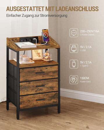 Приліжкова тумбочка Hzuaneri з LED-підсвіткою та функцією зарядки, 3 висувні ящики з тканини, USB-порти та розетки, для спальні/вітальні, чорний/коричневий, NS36301BEU, 1 шт.