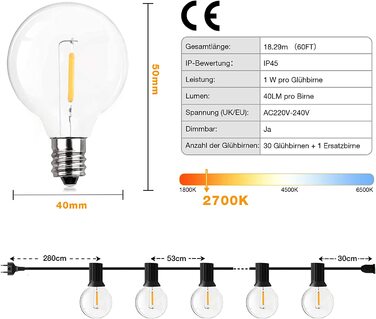 Вуличні гірлянди, вуличні гірлянди GPATIO 7,62 м з живленням від 12 Пластикова лампочка, світлодіодні гірлянди G40 водонепроникні для вечірки в саду, весільного декору і т. д. (Теплий білий, 18.29 м)