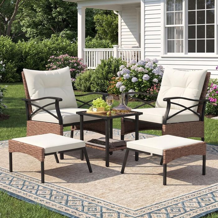 Садовий набір меблів COSTWAY з ротангу, 5 предметів: 2 крісла з подушками, пуф та стіл для балкона, тераси, саду (коричневий + бежевий)