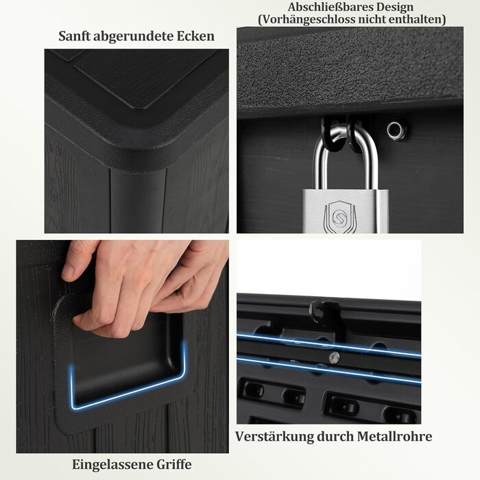 Ящик для зберігання садовий COSTWAY 378 л, водонепроникний, з замком, для подушок та інструментів, чорний