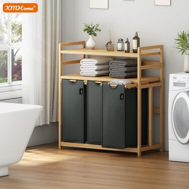 Кошик для білизни з 3 відділеннями, 148 літрів, з бамбука, 2 яруси, великий кошик для білизни з винімним мішком, прямокутна коробка для ванної, спальні та пральні, 77.5x41.3x100.5CM, Бежевий (Темно-сірий)