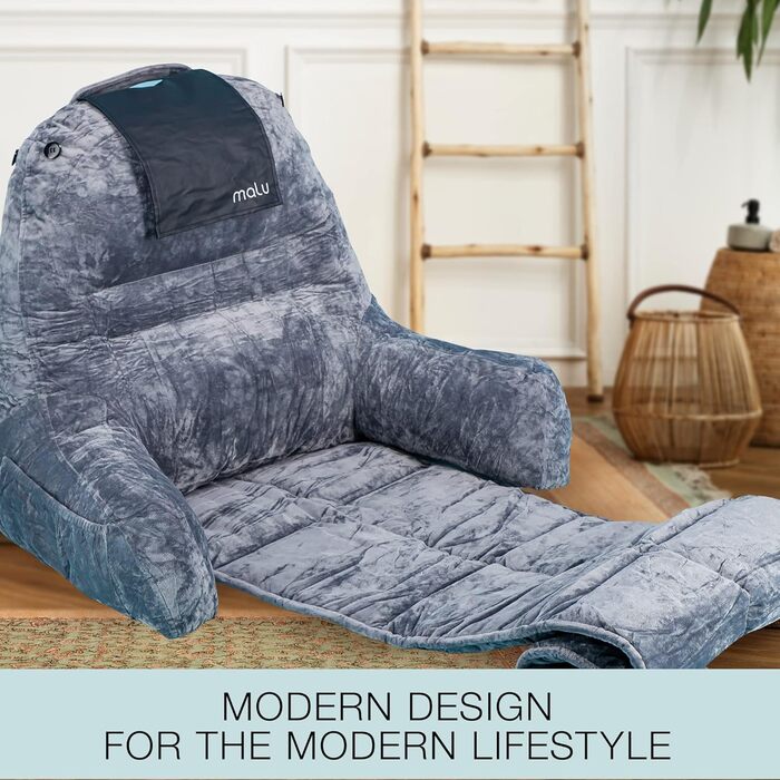 Велике подушко-крісло для читання Malu, ергономічна подушка з підтримкою спини для ліжка + ролик для шиї, з подрібненим пінополіуретаном Memory Foam, для використання в ліжку, на дивані або на підлозі, чорний