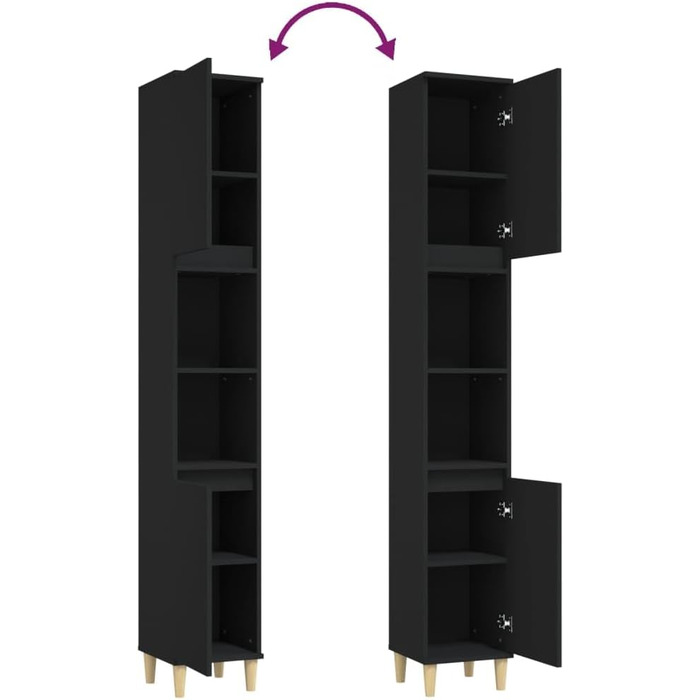 Тумба для ванної кімнати з 6 відділеннями, 2 дверцята, дерев'яні ніжки, висока шафа, чорний