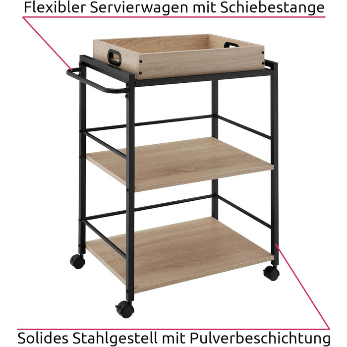 Візок для сервірування tectake з підносом, 65x41.5x87 см, кухонний візок на колесах, 2 дерев'яні полиці, промисловий стиль, дуб Sonoma