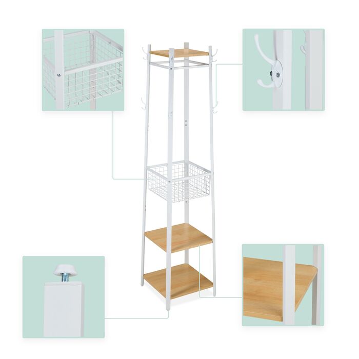 Настінна вішалка Relaxdays з гачками, полицями та кошиком