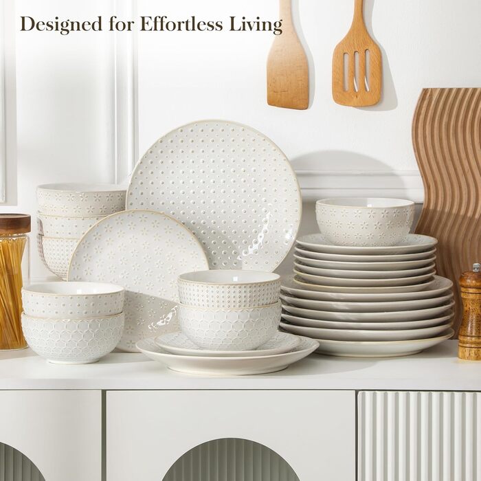 Набір посуду Malacasa LYDIA (24 шт.) для 4 осіб, бежевий: 16-ти частинний сервіз зі столових тарілок та чашок з рельєфом, з каменю